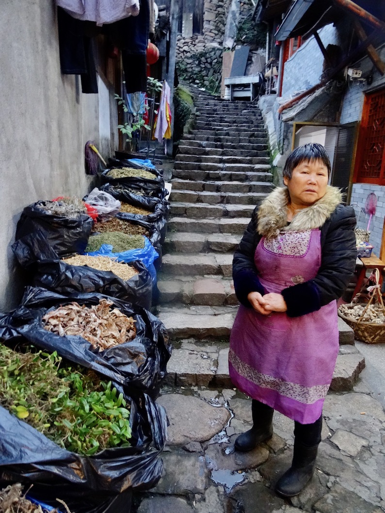 Vegetable and herb market Lingshang Restaurant Village Yongjia County China.