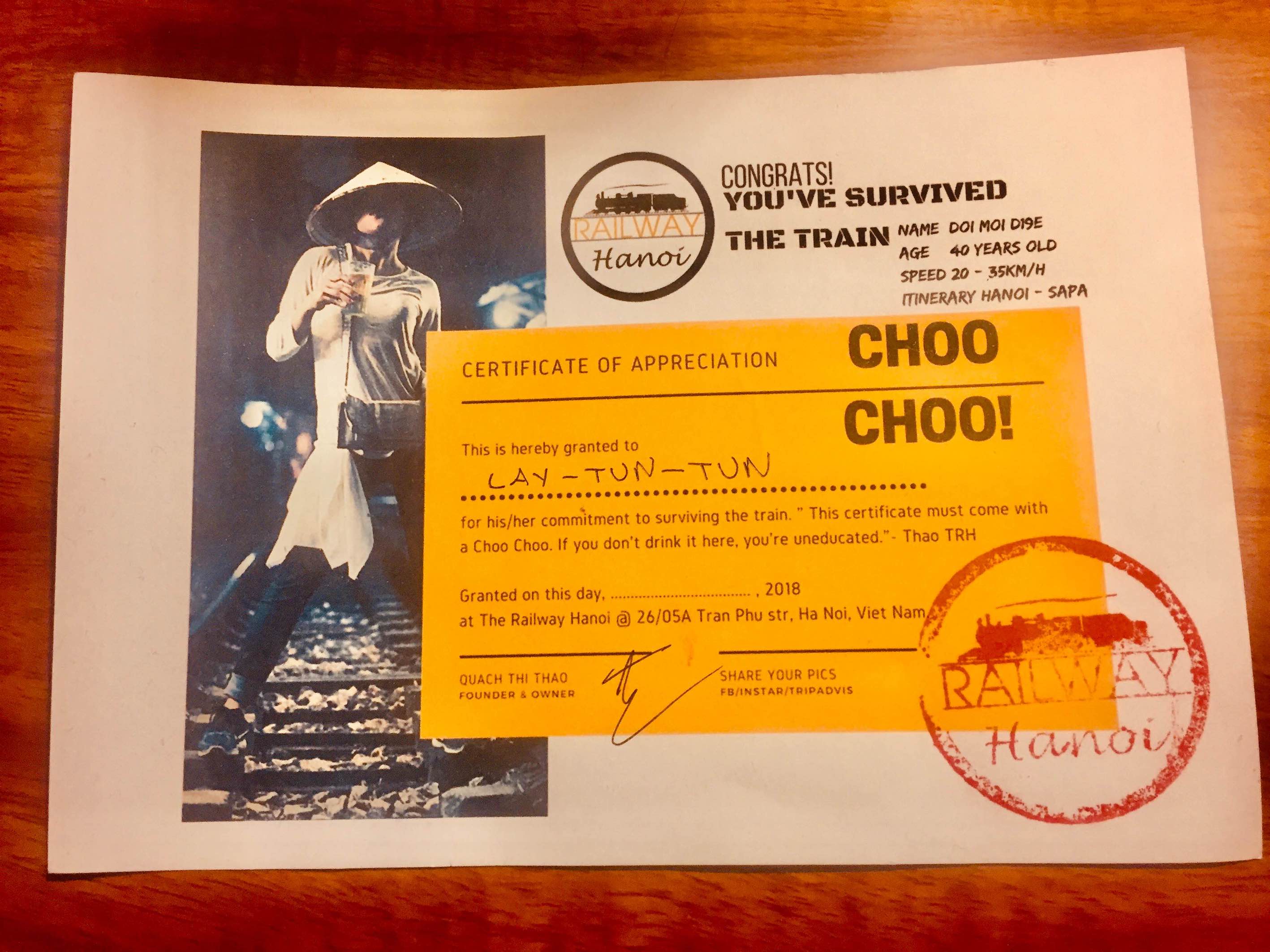 Choo Cho Certificate of Appreciation Hanoi