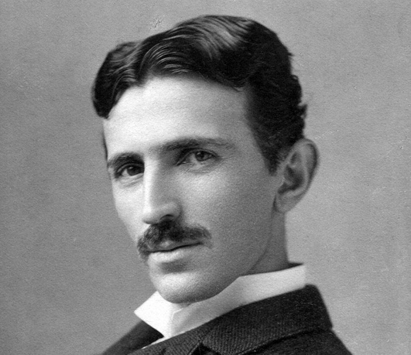 Black and white photograph of Nikola Tesla