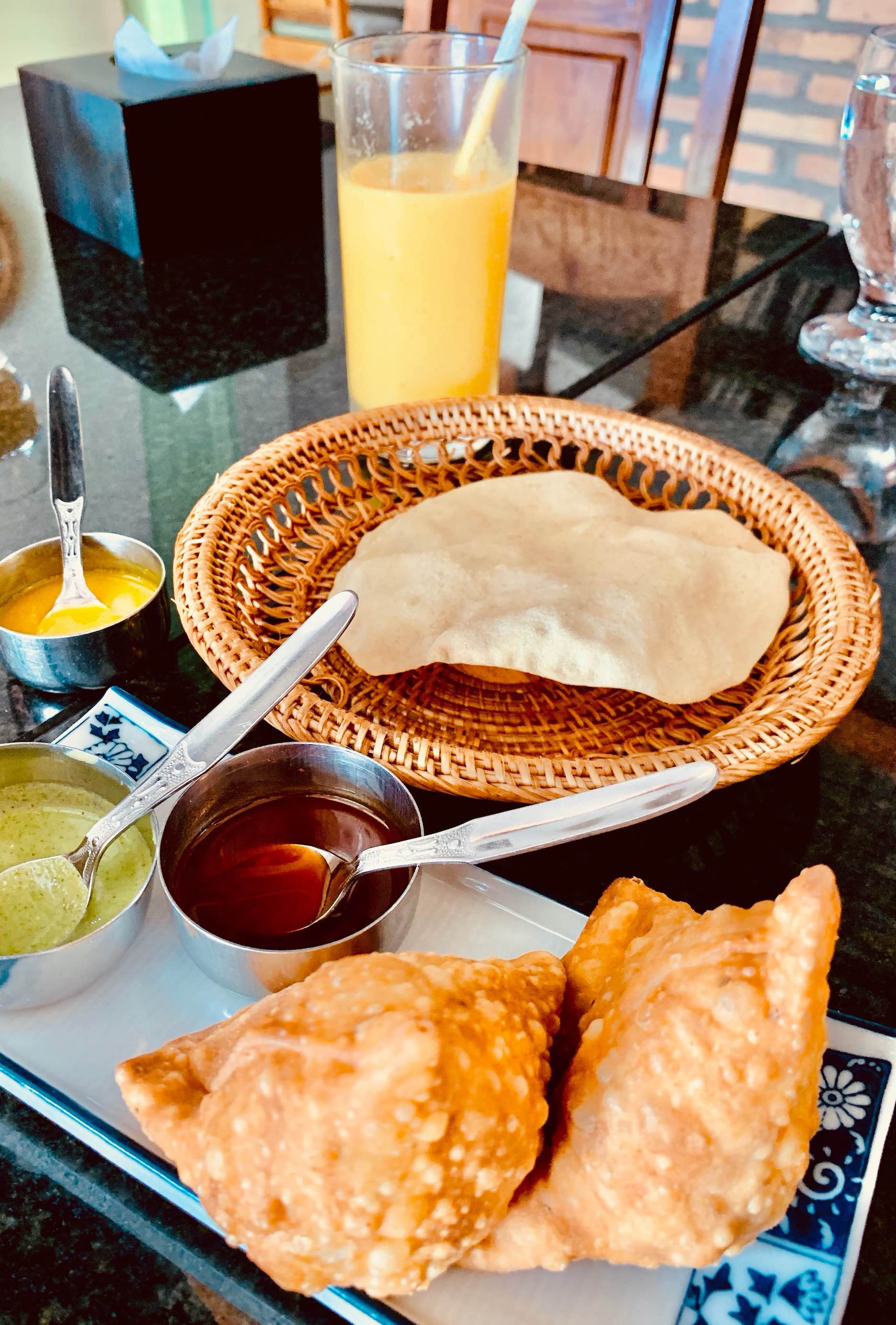 Poppadoms and samosas Dakshin's Indian Restaurant