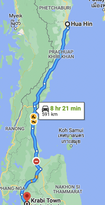 Minivan from Hua Hin to Krabi Town.