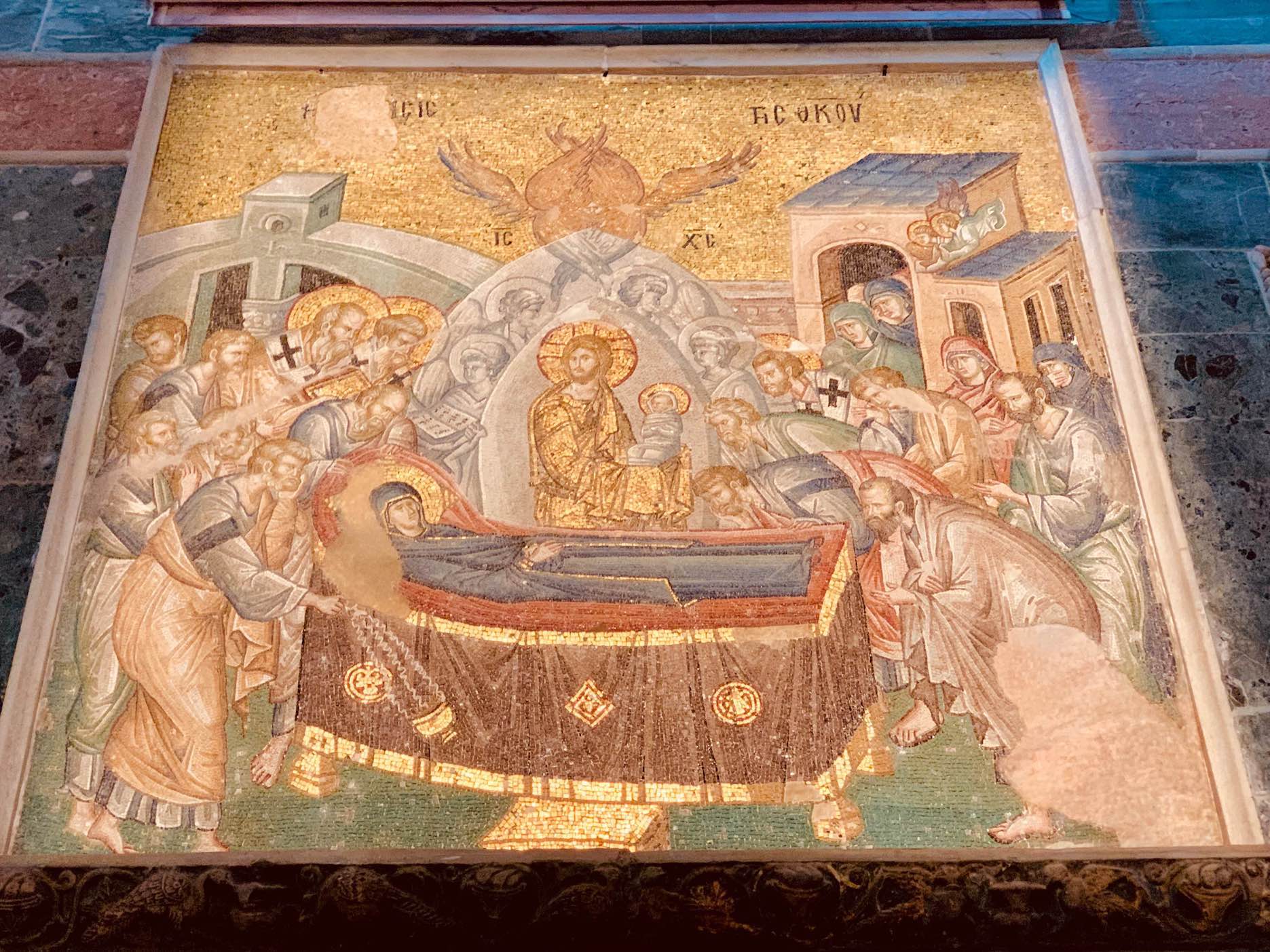 Dormition of the Virgin mosaic in Chora Church.