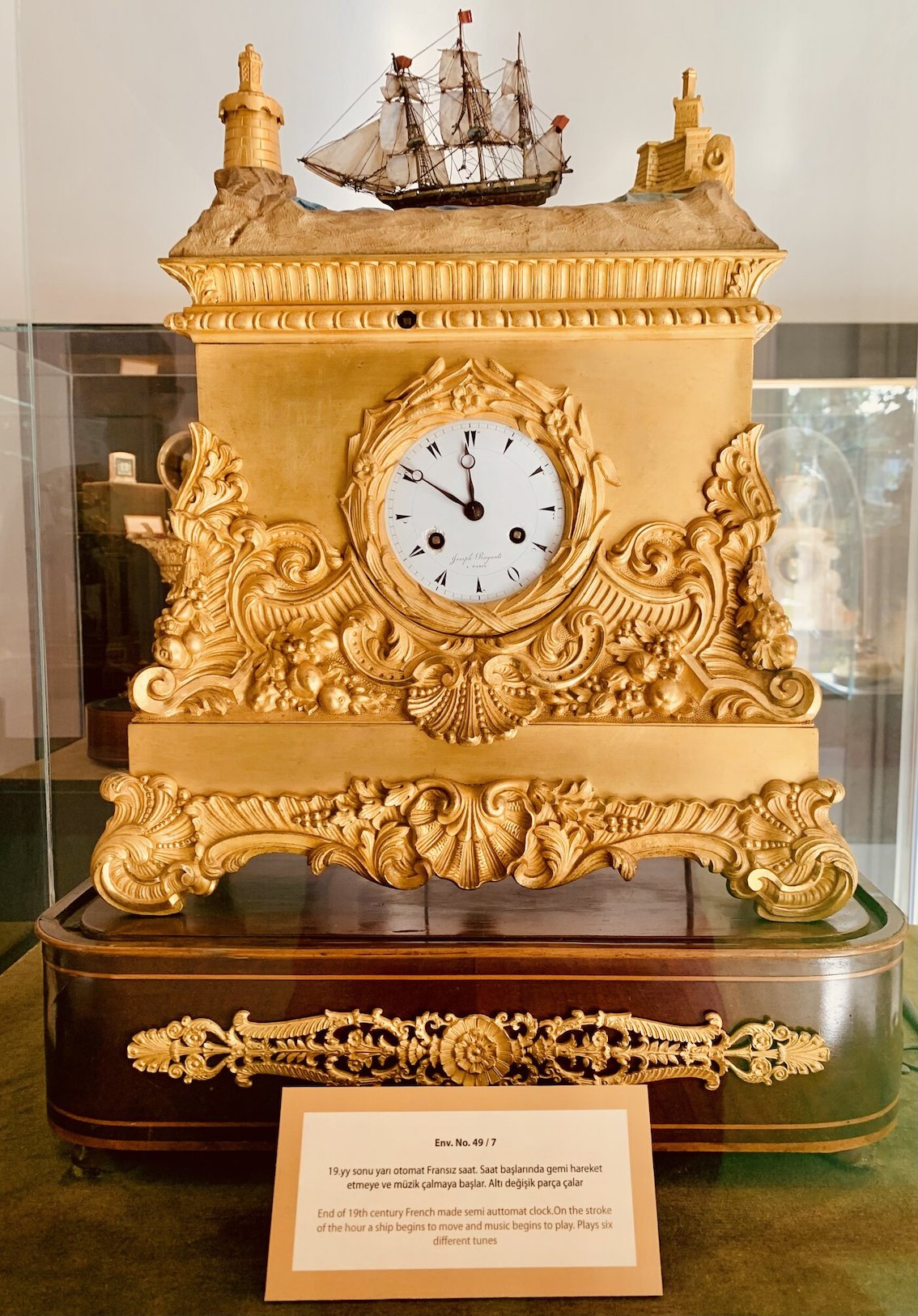 19th century French musical clock with moving ship