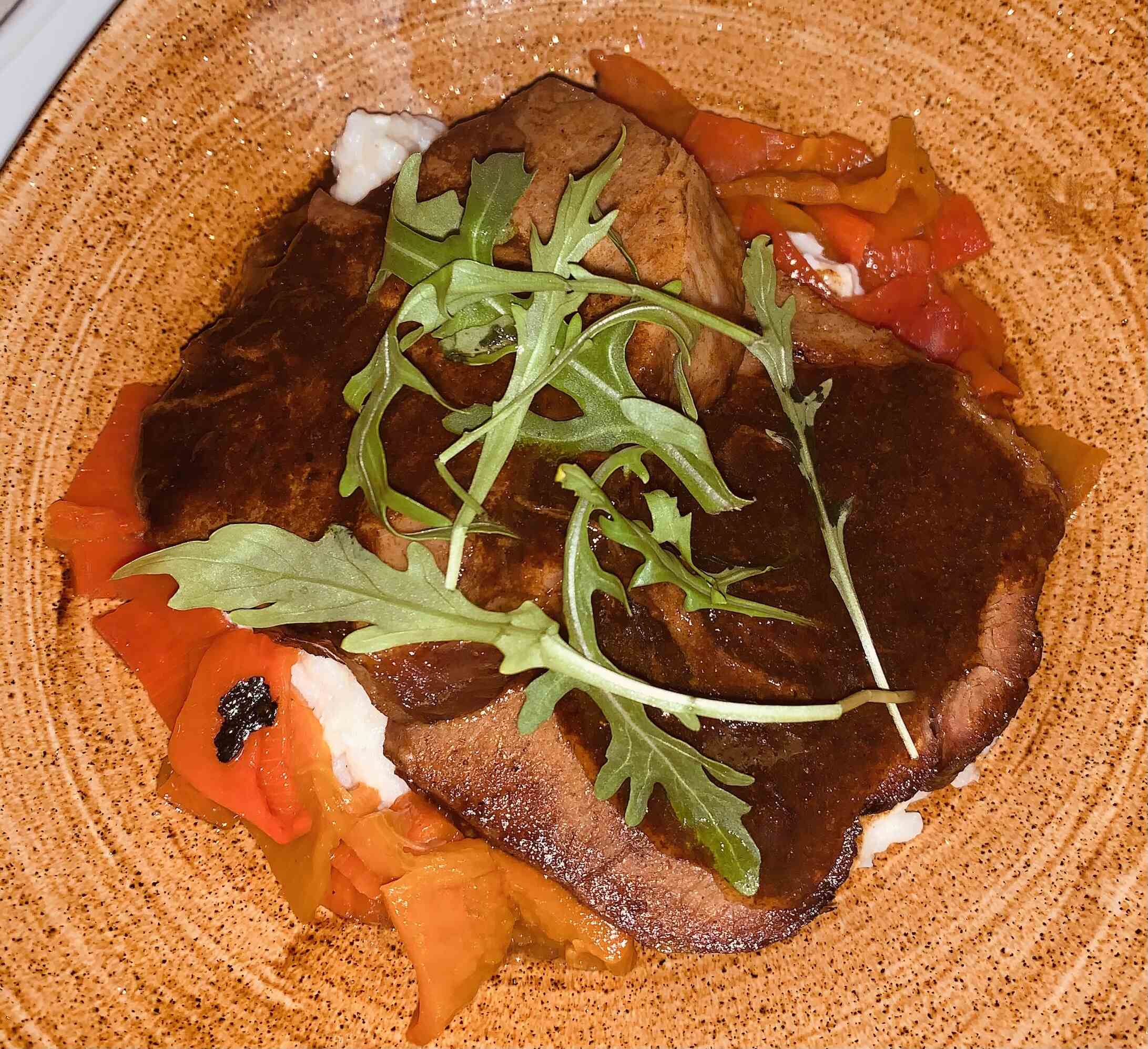 Pork belly with sauteed peppers and sour cream Hotel Moskva