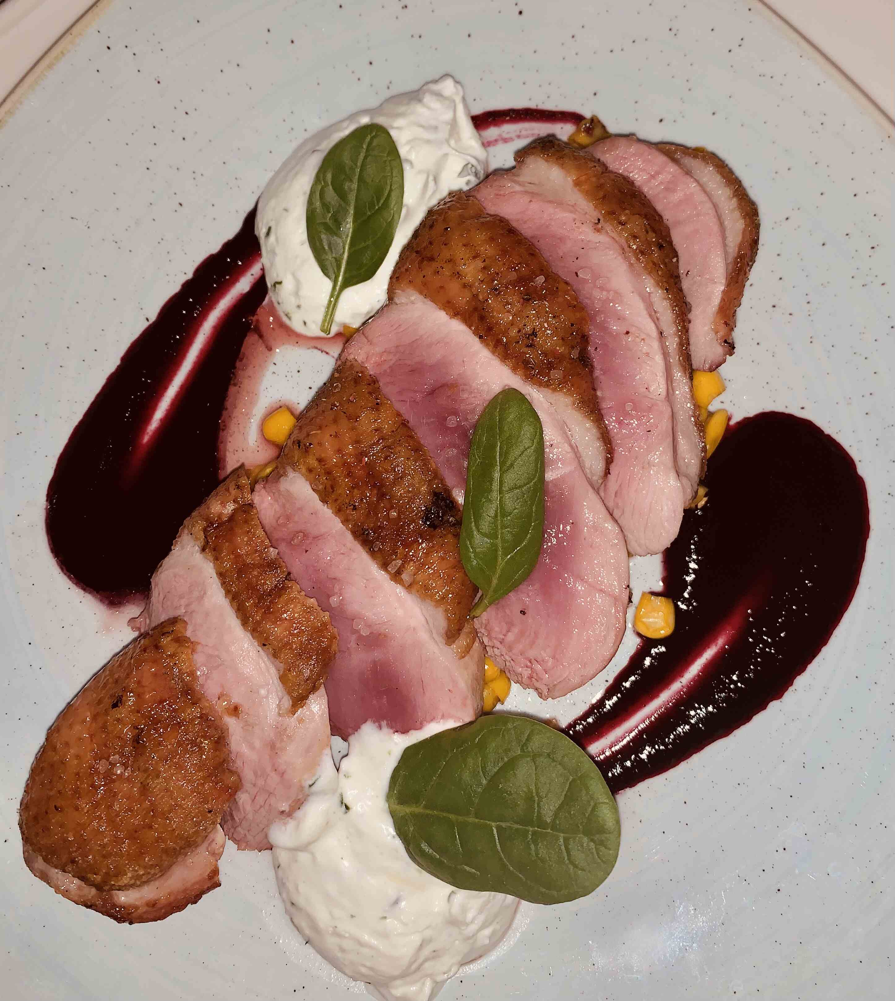 Slow-cooked duck with cherry sauce at Hotel Moskva