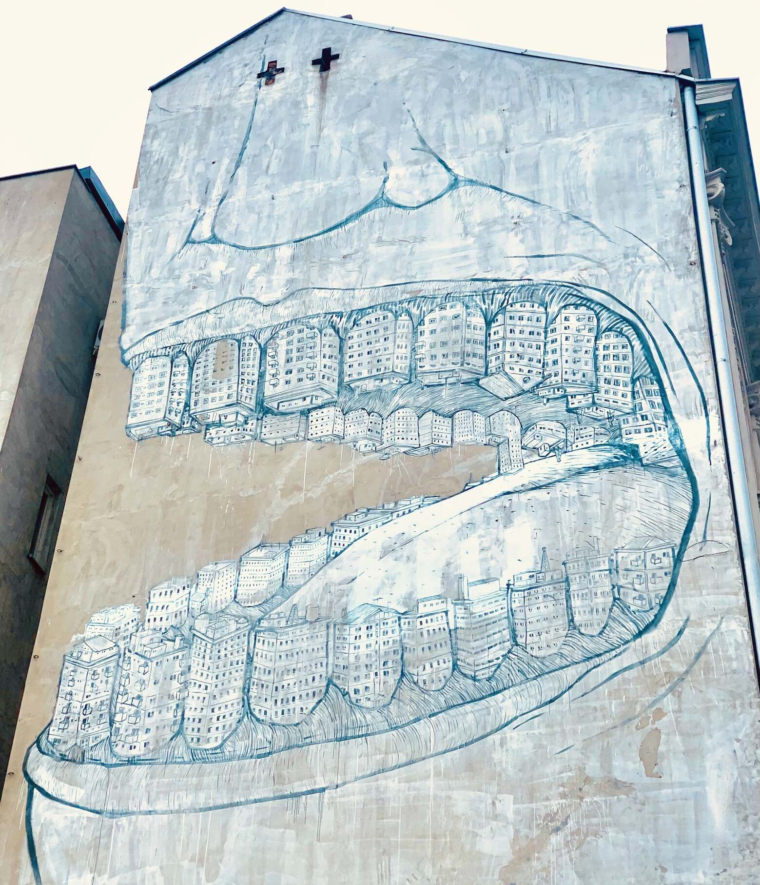 The City That Ate Greenery mural in Belgrade by the Italian street artist Blu